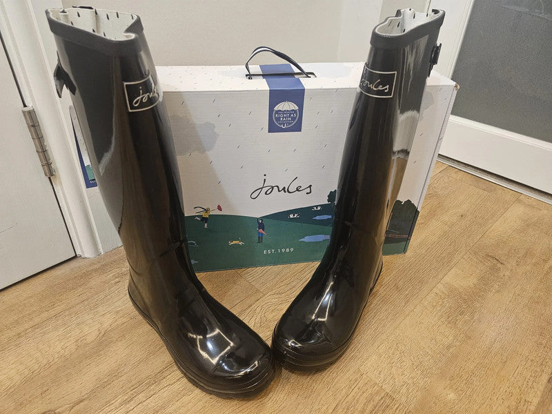 New In Box Joules Field Welly Gloss Black Wellington Boots RRP 59.95 UK 7 / US 9 / EU 40/41