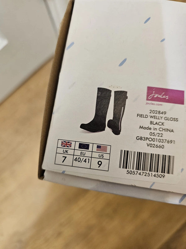 New In Box Joules Field Welly Gloss Black Wellington Boots RRP 59.95 UK 7 / US 9 / EU 40/41