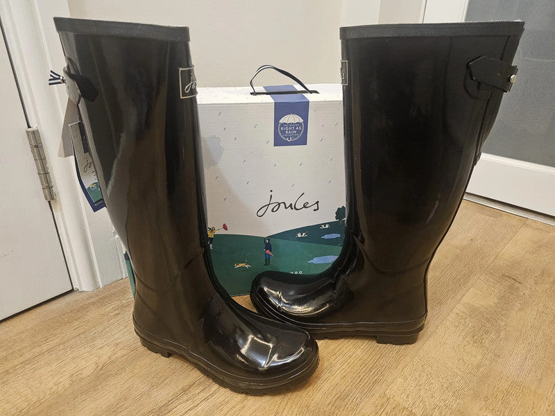 New In Box Joules Field Welly Gloss Black Wellington Boots RRP 59.95 UK 7 / US 9 / EU 40/41
