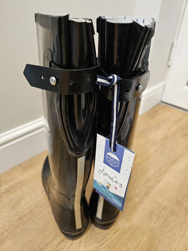 New In Box Joules Field Welly Gloss Black Wellington Boots RRP 59.95 UK 6 / US 8 / EU 39