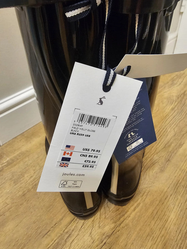 New In Box Joules Field Welly Gloss Black Wellington Boots RRP 59.95 UK 6 / US 8 / EU 39