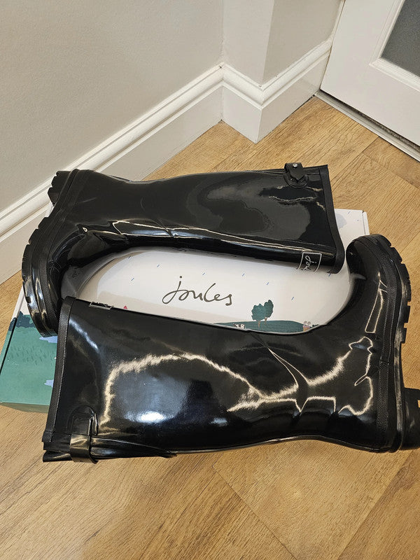 New In Box Joules Field Welly Gloss Black Wellington Boots RRP 59.95 UK 6 / US 8 / EU 39