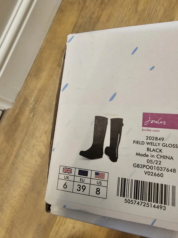 New In Box Joules Field Welly Gloss Black Wellington Boots RRP 59.95 UK 6 / US 8 / EU 39