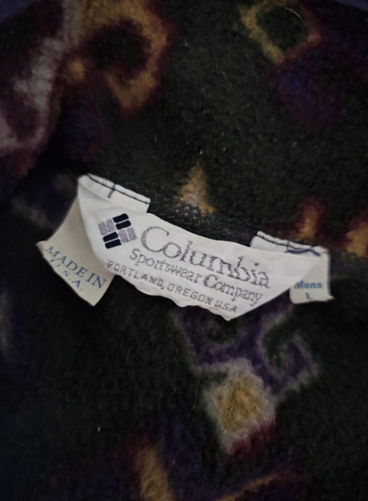Vintage Columbia Fleece Pattern Pullover Snap Button Jumper -L/Large Made In USA