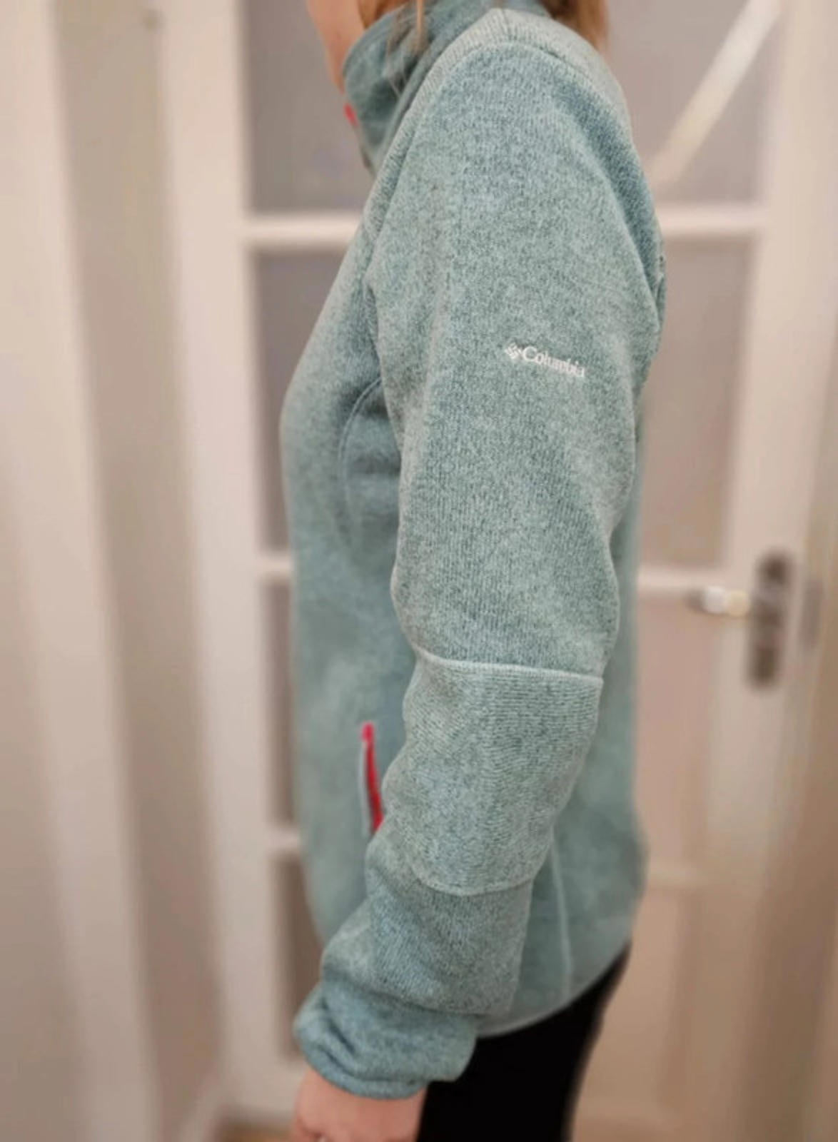 Columbia Full Zip Sage/Red Full Zip Knitted Style Fleece Jacket - M/Medium