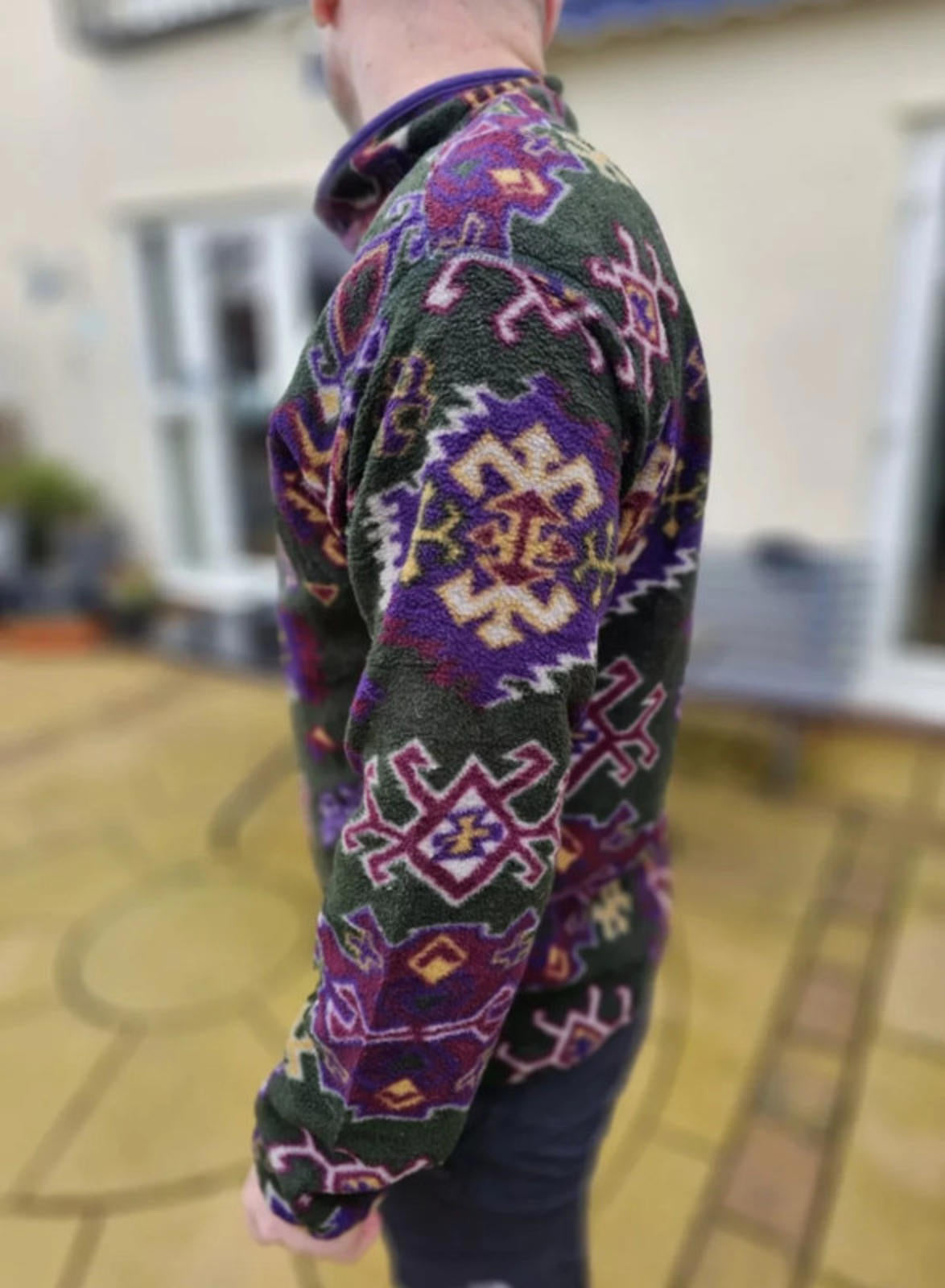 Vintage Columbia Fleece Pattern Pullover Snap Button Jumper -L/Large Made In USA