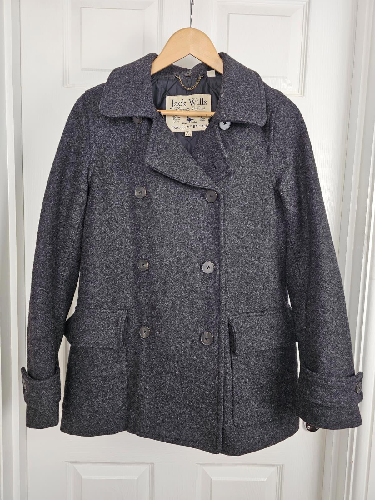 Jack Wills Womens Button Up Wool Blend Pea Coat Style Jacket/Coat - UK 12 - Grey