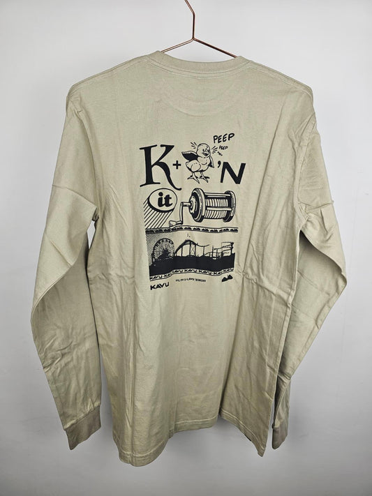 KAVU Mens Long Sleeve Big Print Puzzle Top/T-Shirt - S/Small - Beige