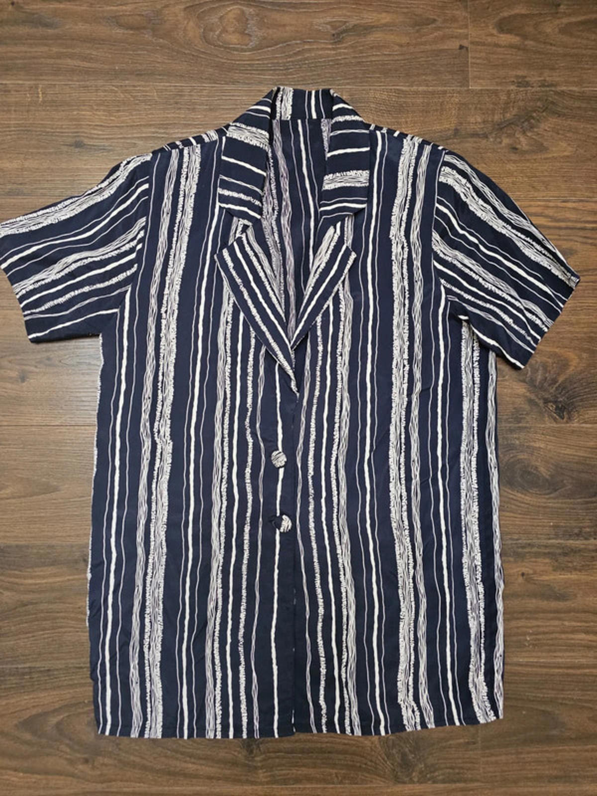 Vintage Black & White Shoulder Pad Short Sleeve Shirt - L/XL Retro Summer Holiday