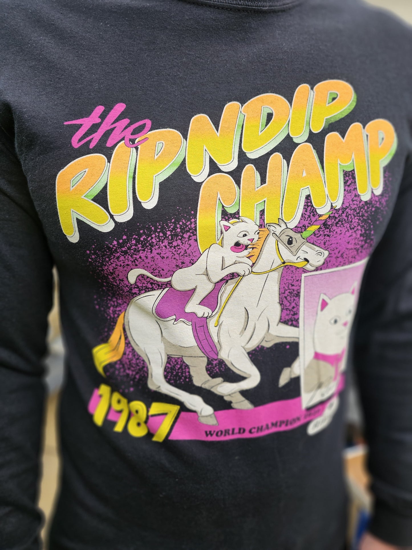 Ripndip Black Long Sleeve Riding Champ Nermal Print T-Shirt - M/Medium