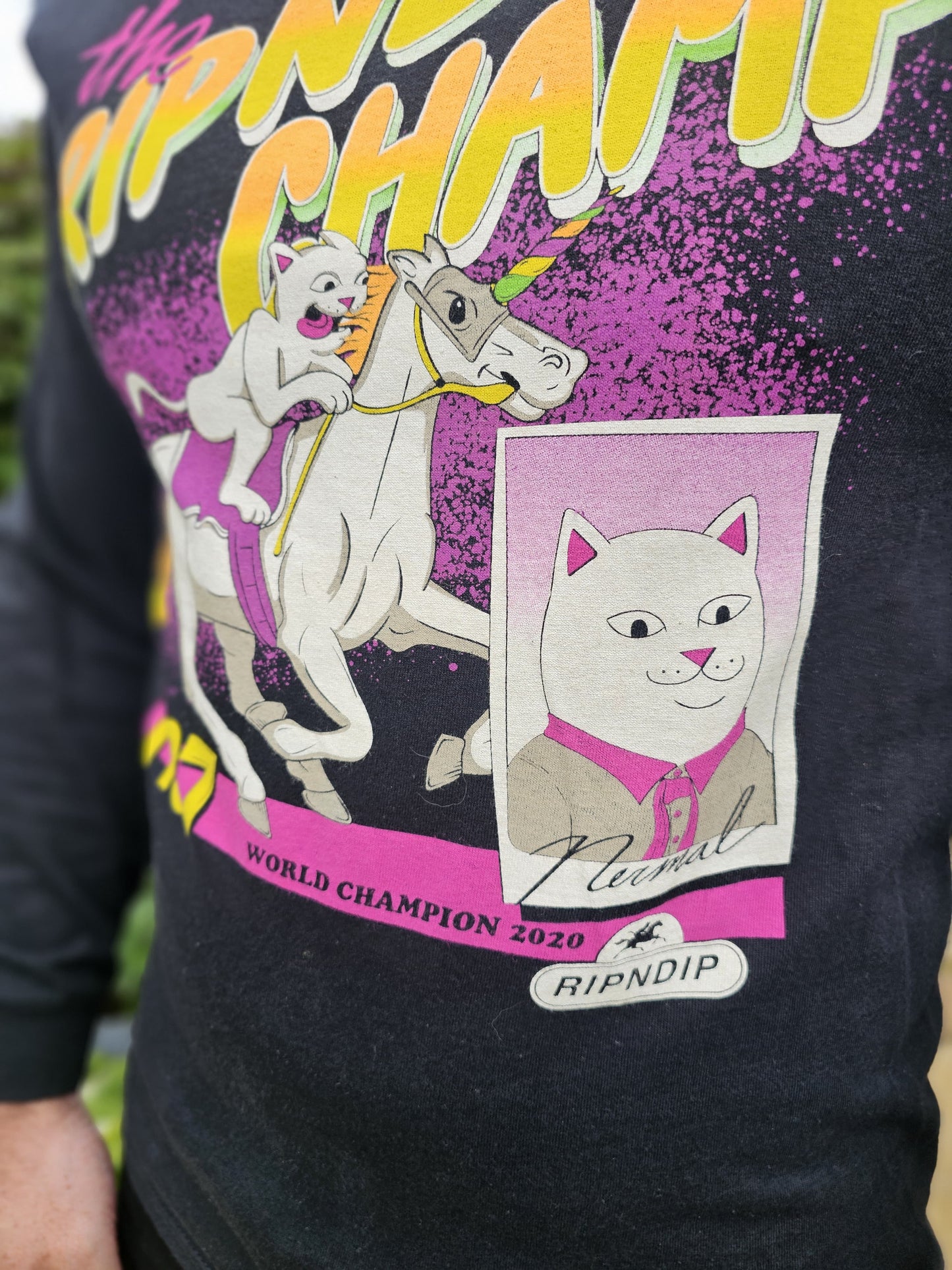 Ripndip Black Long Sleeve Riding Champ Nermal Print T-Shirt - M/Medium