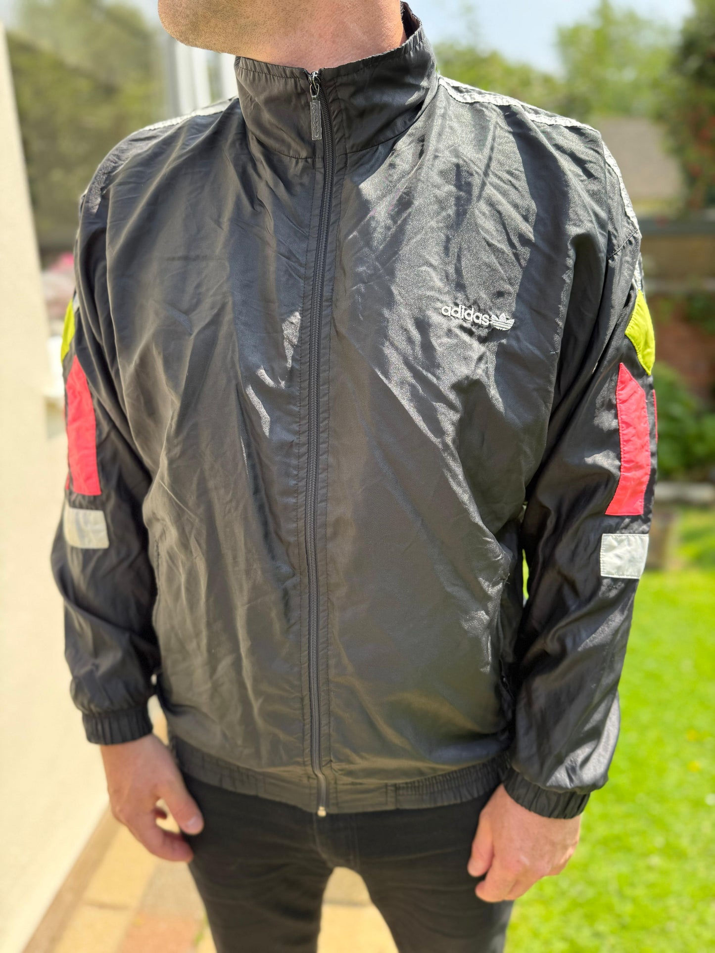 Vintage Adidas Black Full Zip Track Windbreaker Jacket - L/Large 40/42