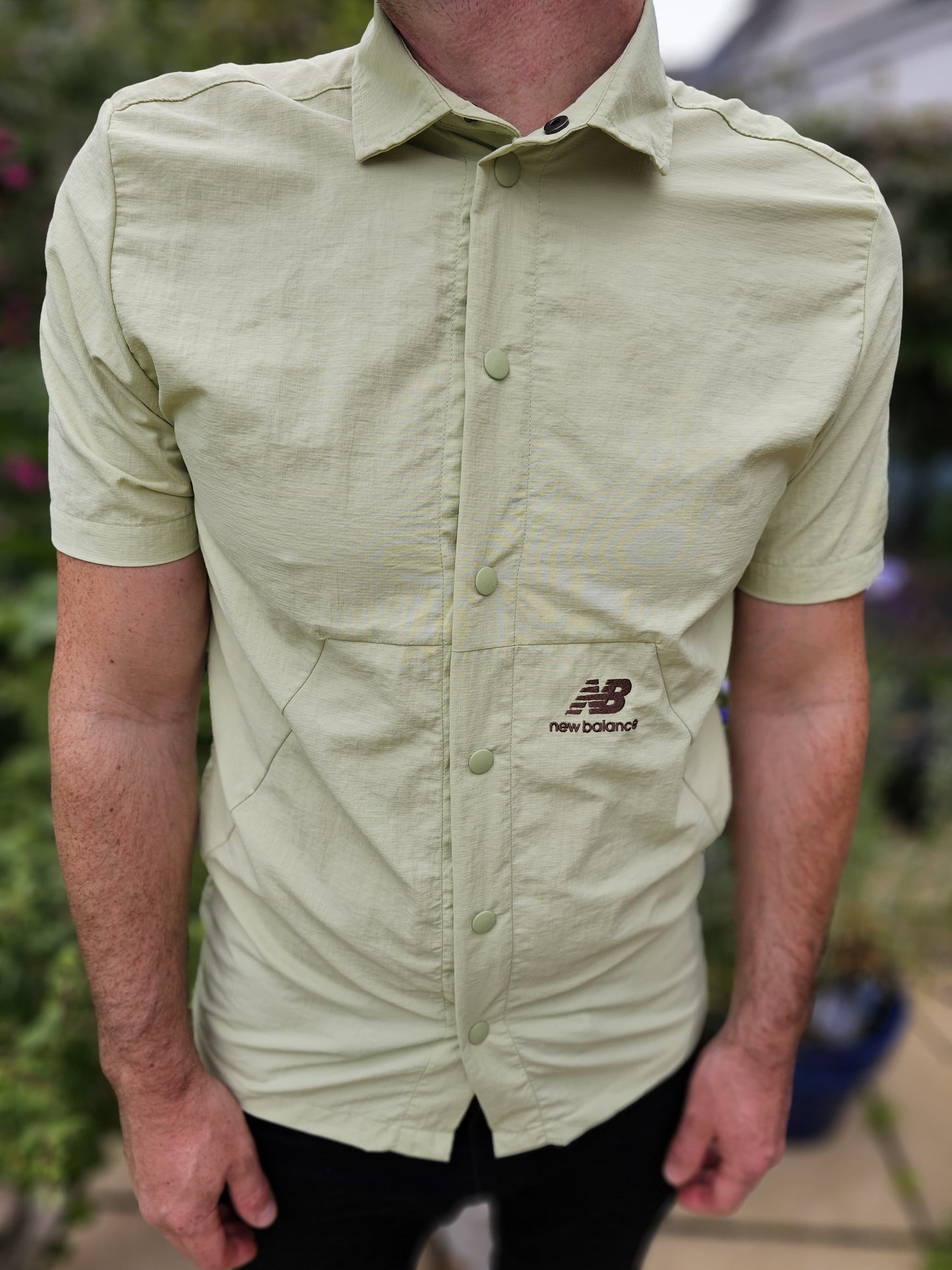 New Balance Tech Pale Green Snap Button Short Sleeve Shirt