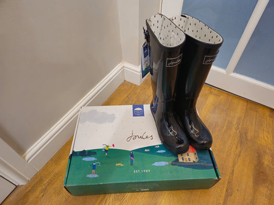 New In Box Joules Field Welly Gloss Black Wellington Boots - RRP 59.95