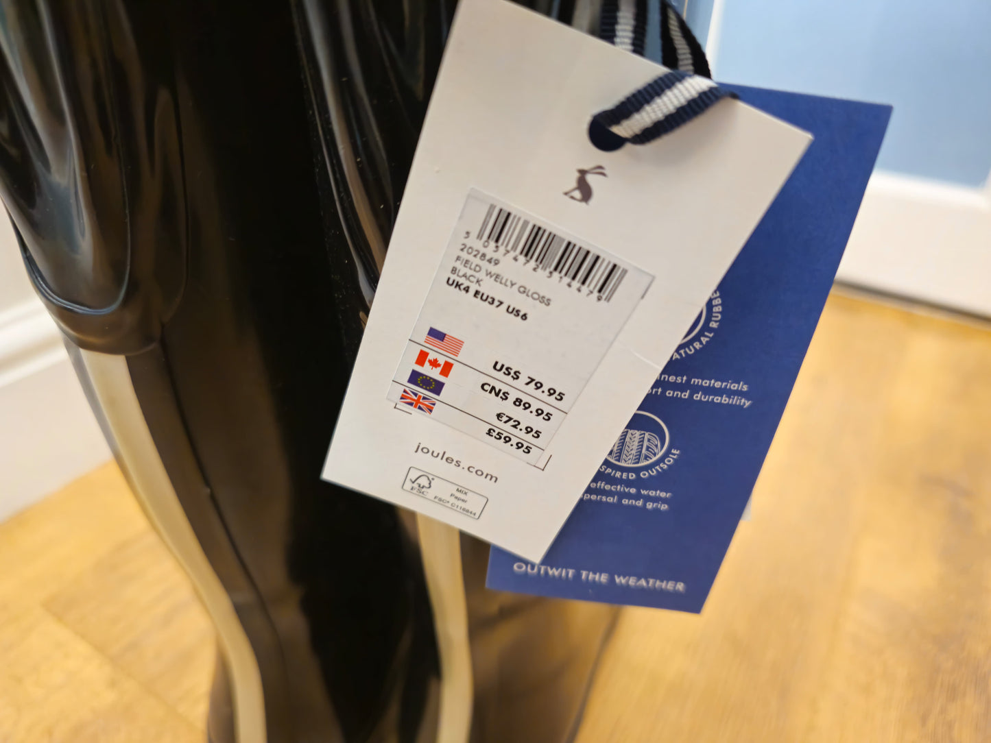 New In Box Joules Field Welly Gloss Black Wellington Boots - RRP 59.95