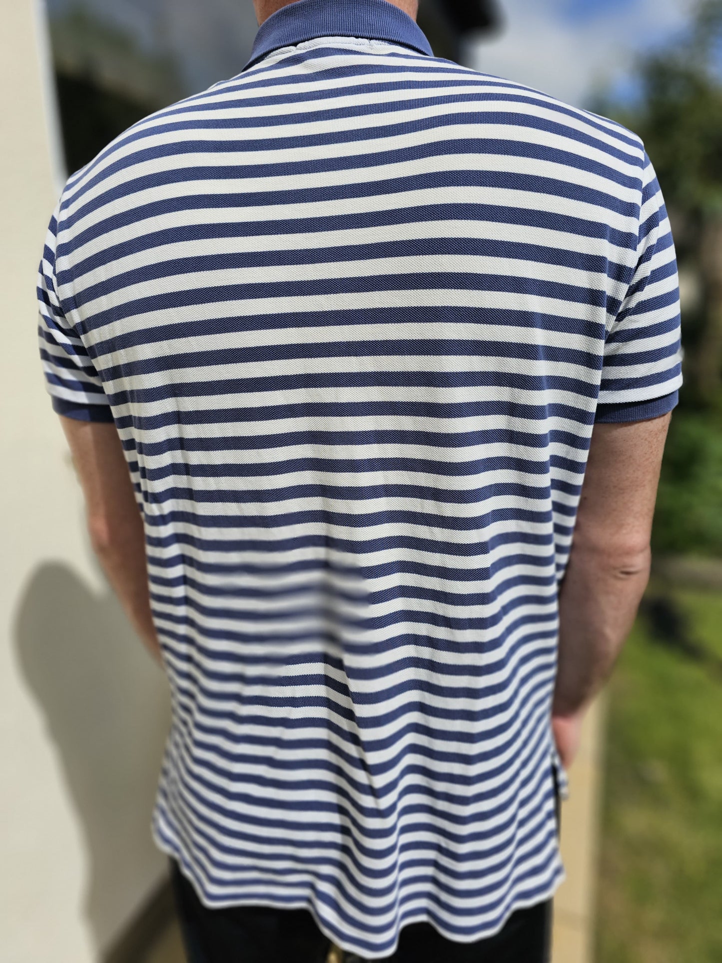 Vintage Ralph Lauren Blue/White Striped Pony Custom Fit Polo Shirt - XL/Extra Large