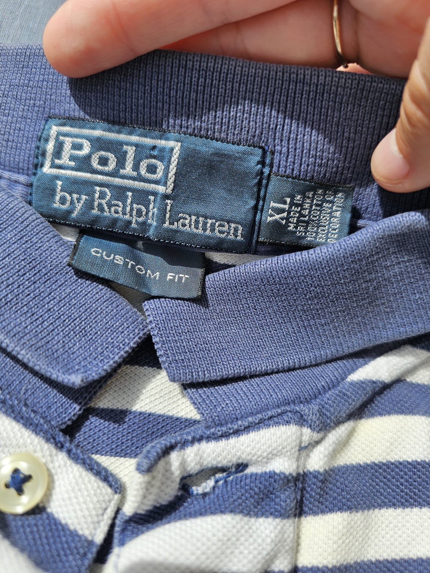 Vintage Ralph Lauren Blue/White Striped Pony Custom Fit Polo Shirt - XL/Extra Large