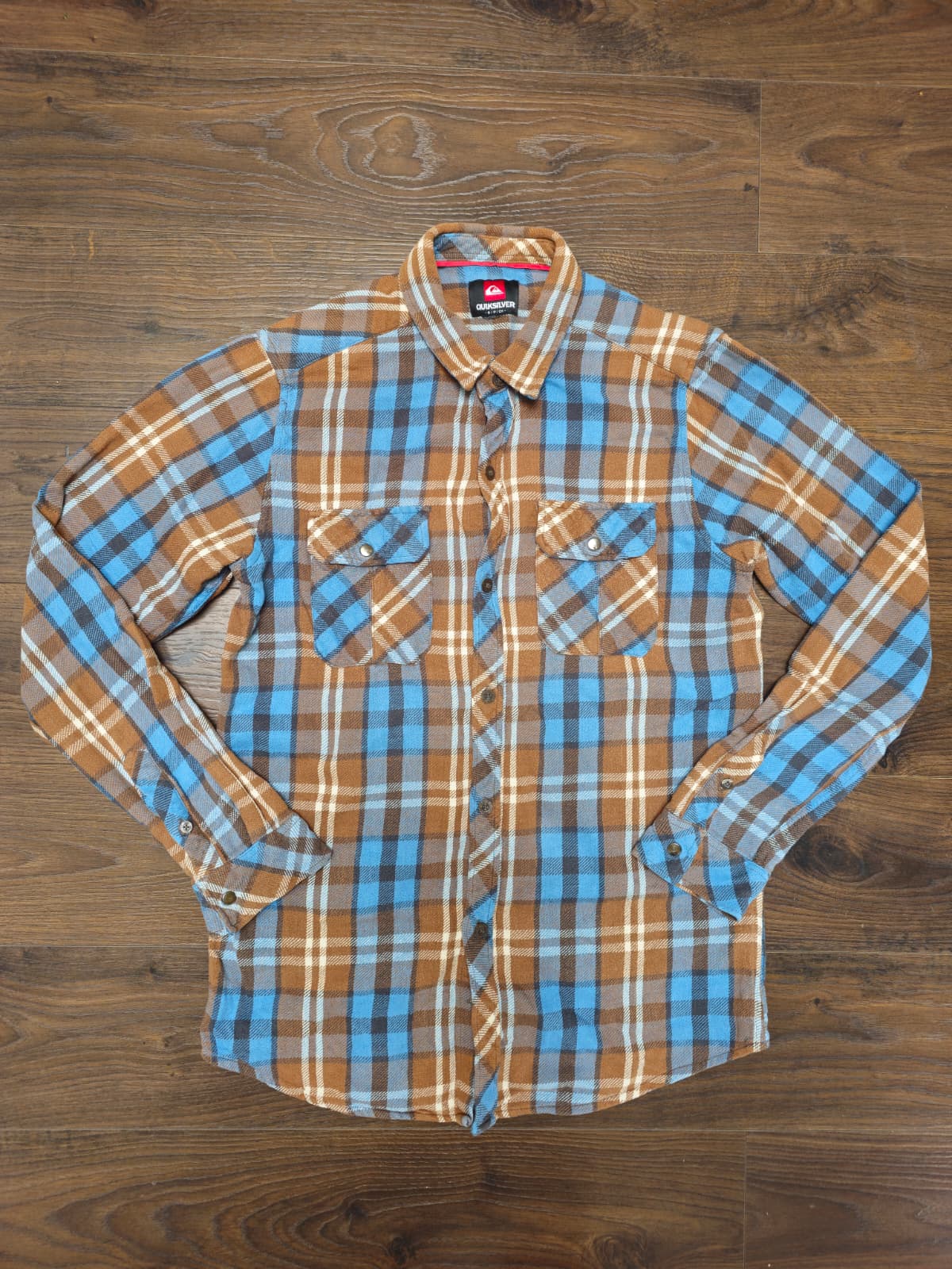 Mens Quiksilver Checkered Flannel Long Sleeve Shirt - Brown/Blue - S/Small