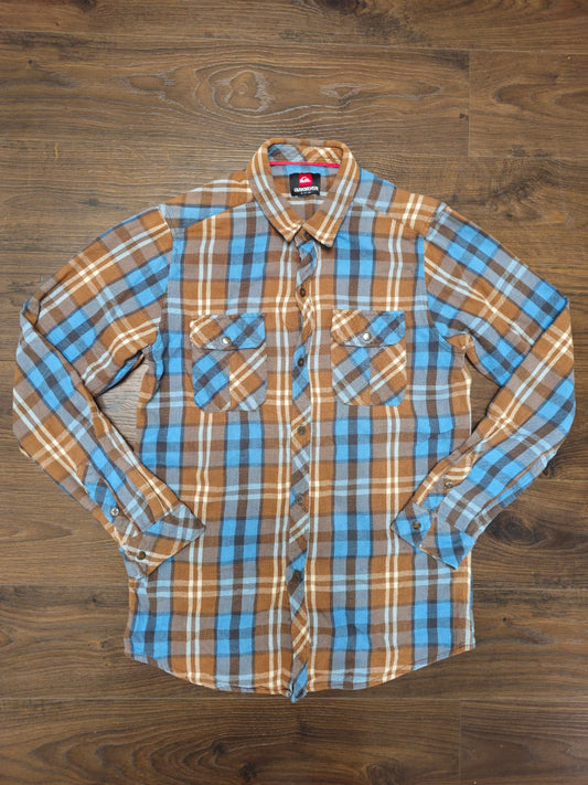 Mens Quiksilver Checkered Flannel Long Sleeve Shirt - Brown/Blue - S/Small