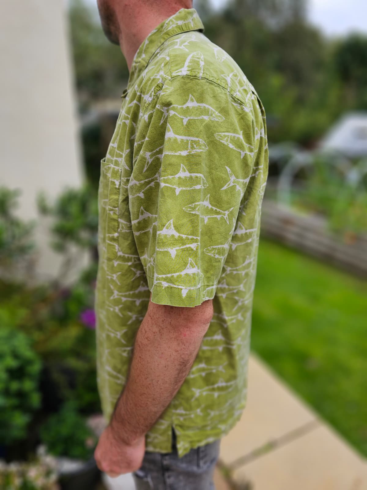 Vintage Columbia Green All Over Fish Print Short Sleeve Shirt - L/Large
