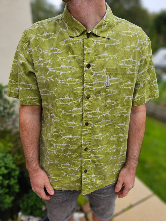 Vintage Columbia Green All Over Fish Print Short Sleeve Shirt - L/Large