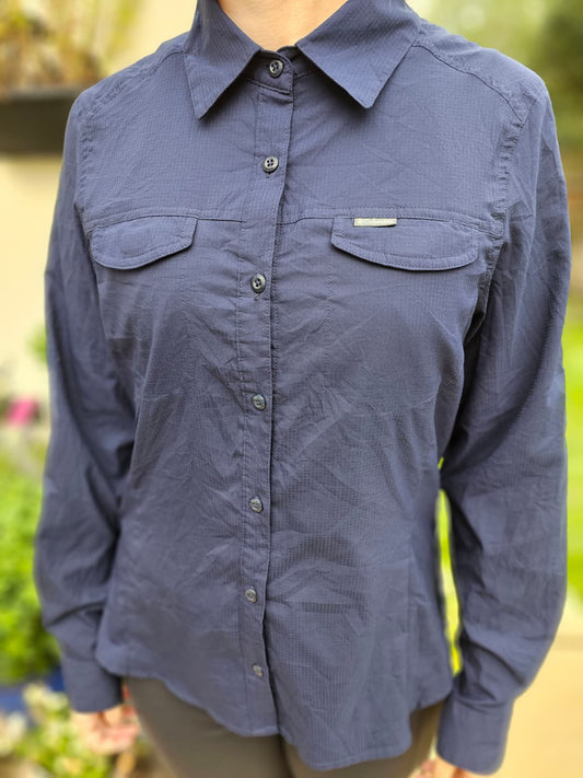 Womens Columbia Omni Shade Navy Button Up Long Sleeve Technical Shirt - M/Medium/10