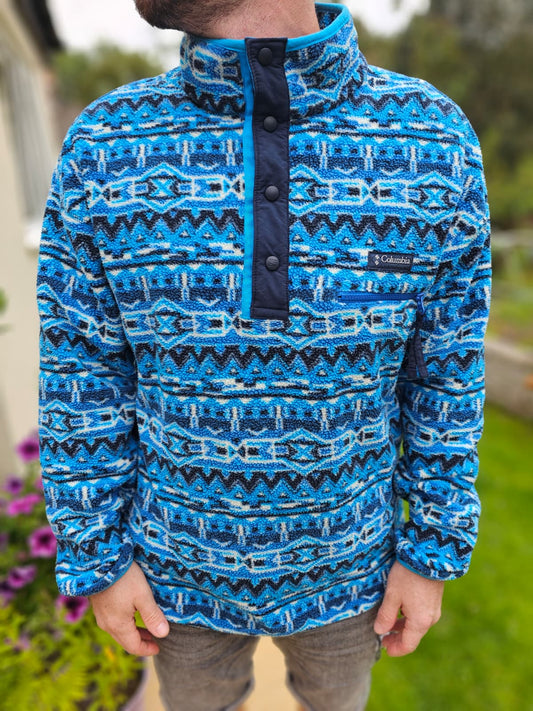 Columbia Aztec Blue Abstract Pullover Snap Fleece Jumper - L/Large