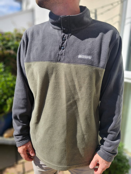 Columbia Khaki/Grey Pullover Snap Fleece Jumper - XL/Extra Large