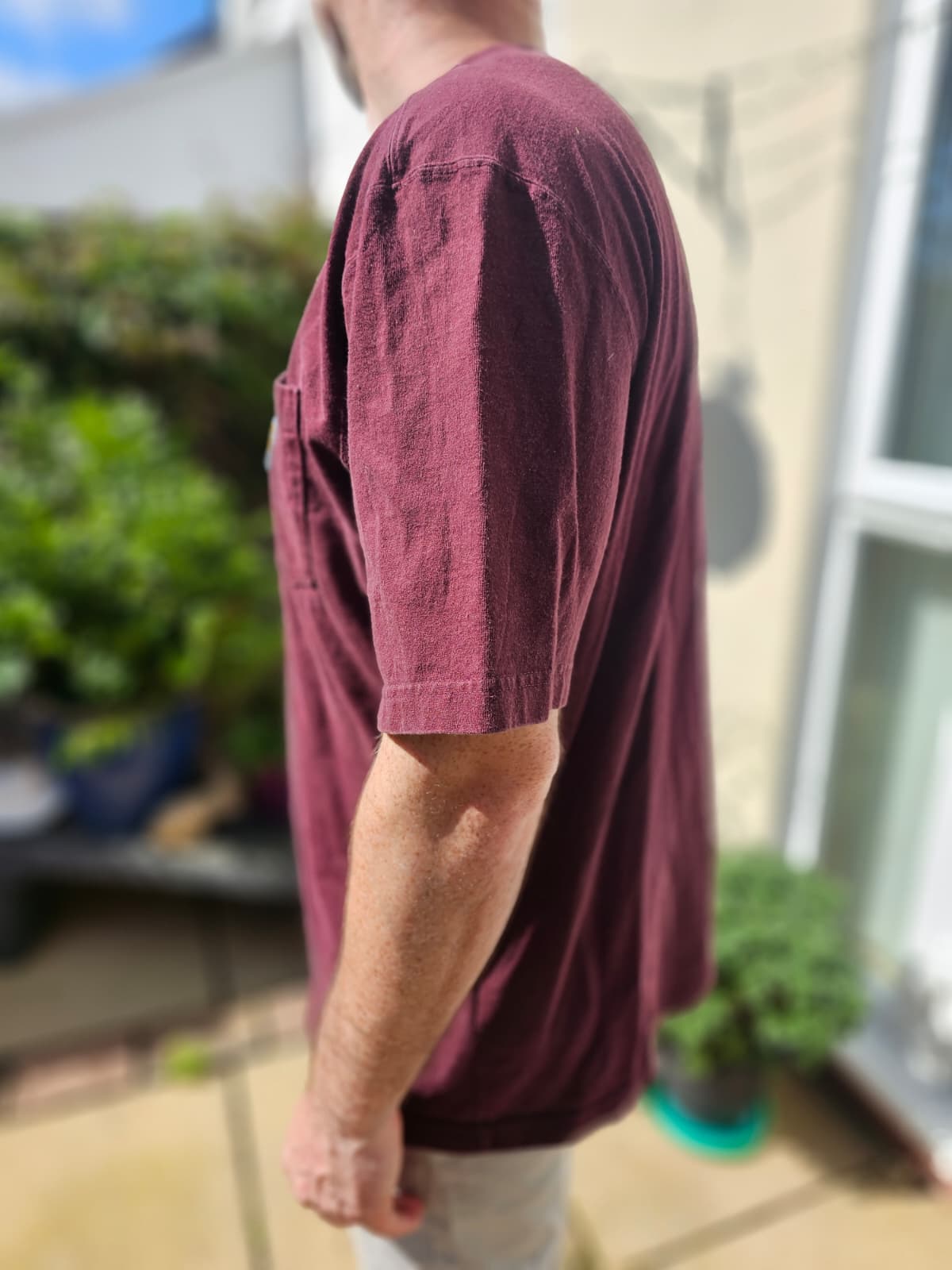 Mens Vintage Carharrt Maroon Loose Fit Short Sleeve Pocket T-Shirt - L/Large