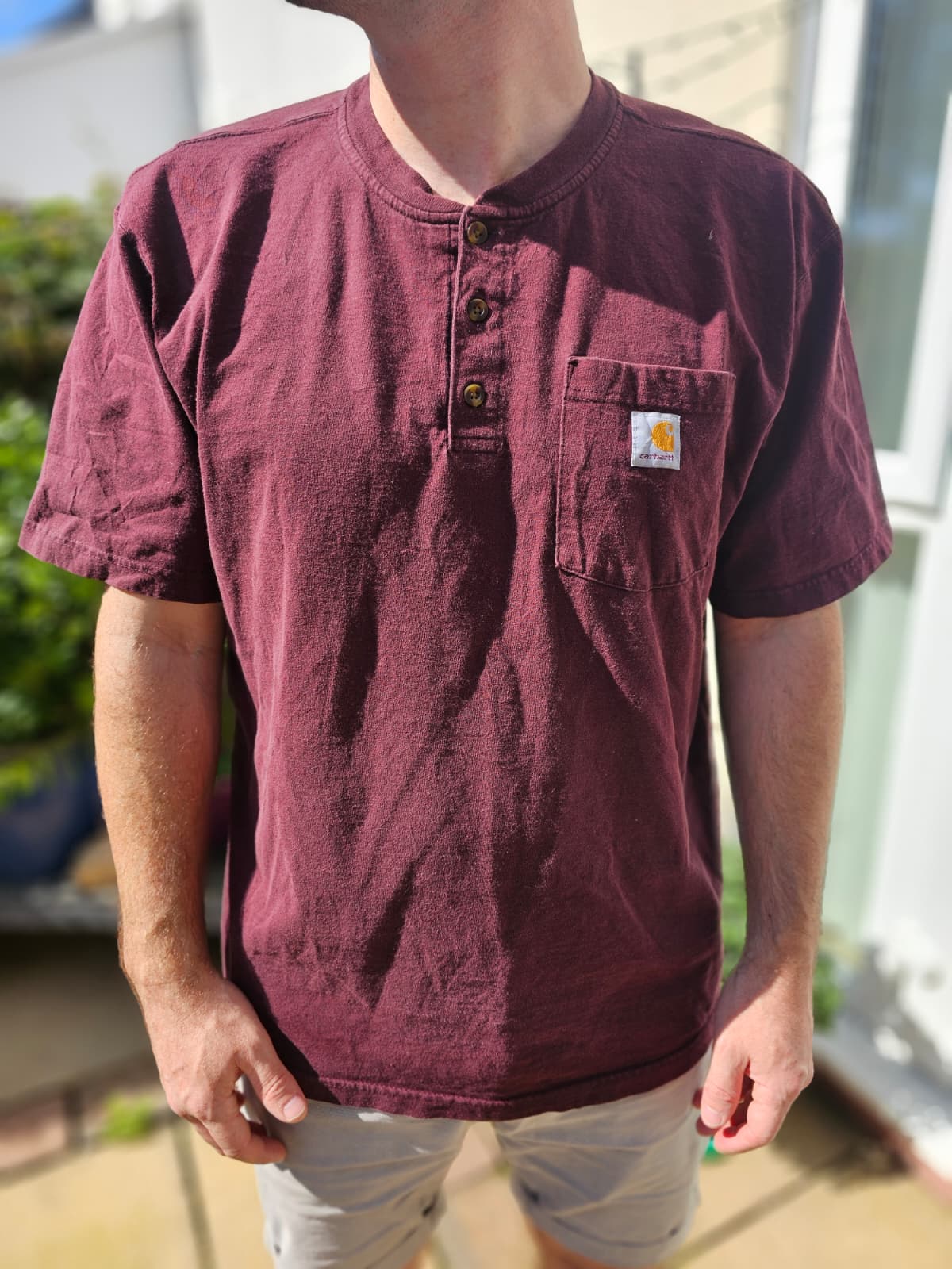 Mens Vintage Carharrt Maroon Loose Fit Short Sleeve Pocket T-Shirt - L/Large