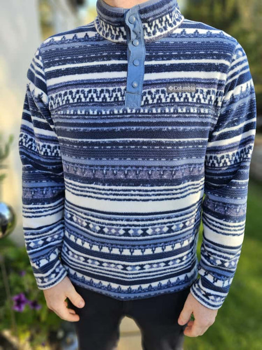 Columbia Aztec/Geo Snap Button Blue Pullover Fleece Jumper - L/Large