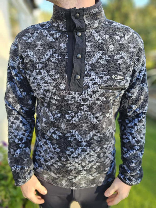 Columbia Aztec Black/Grey Abstract Pullover Snap Fleece Jumper - M/Medium
