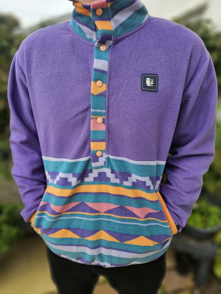 Harper & Lewis Unisex Snap Button Pullover Aztec/Geo Retro Pattern Purple Pullover Fleece Jumper - L/Large