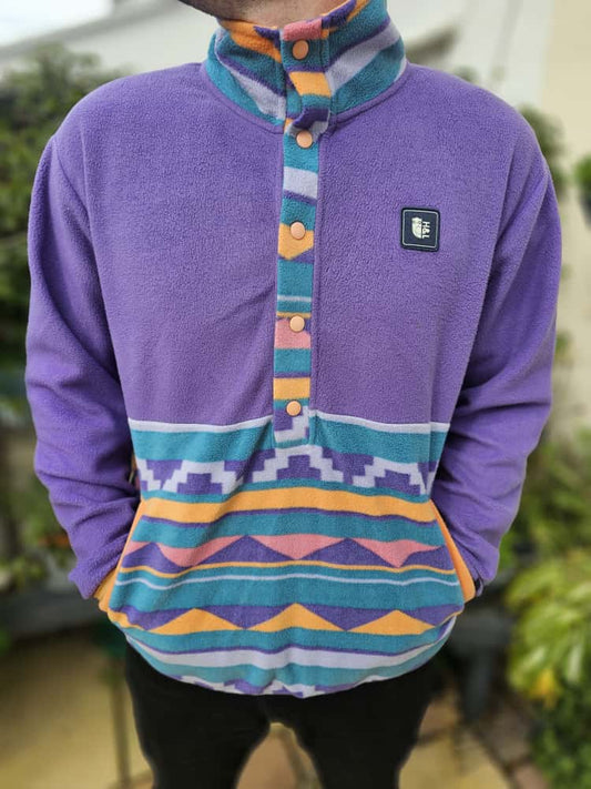 Harper & Lewis Unisex Snap Button Pullover Aztec/Geo Retro Pattern Purple Pullover Fleece Jumper - L/Large
