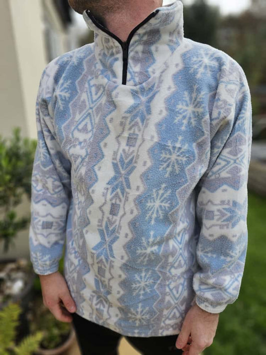 Vintage Made In England 1/4 Zip Fleece Pullover Abstract Snow Flake Pattern - L/Large