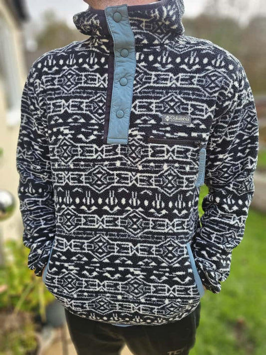 Columbia Aztec Snap Button Pullover Hoodie/Hooded Pocket Fleece Jumper - M/Medium