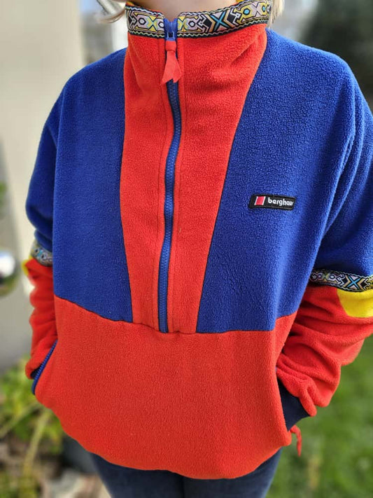 Rare Berghaus Iconic Red/Blue/Yellow 1/2 Zip Tramantana Aztec Fleece Pullover Jumper - M/Medium