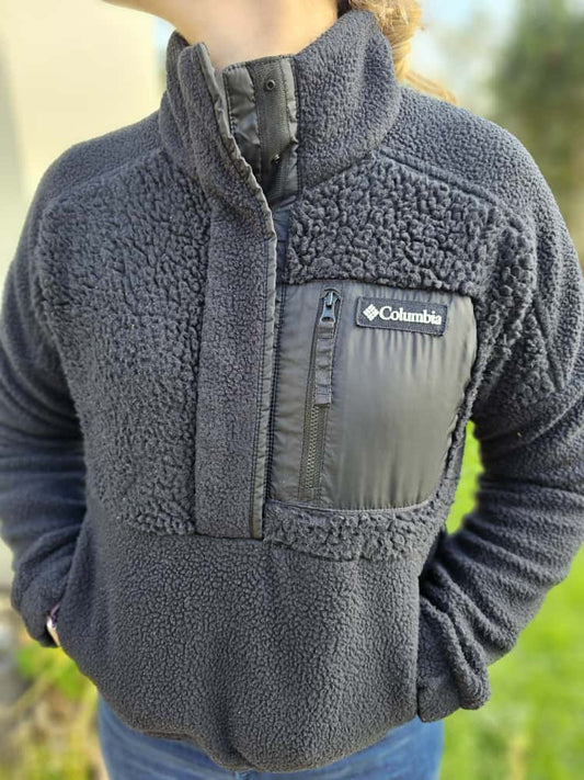 Columbia Pullover Snap Button Cropped Fleece Jumper Black - S/Small