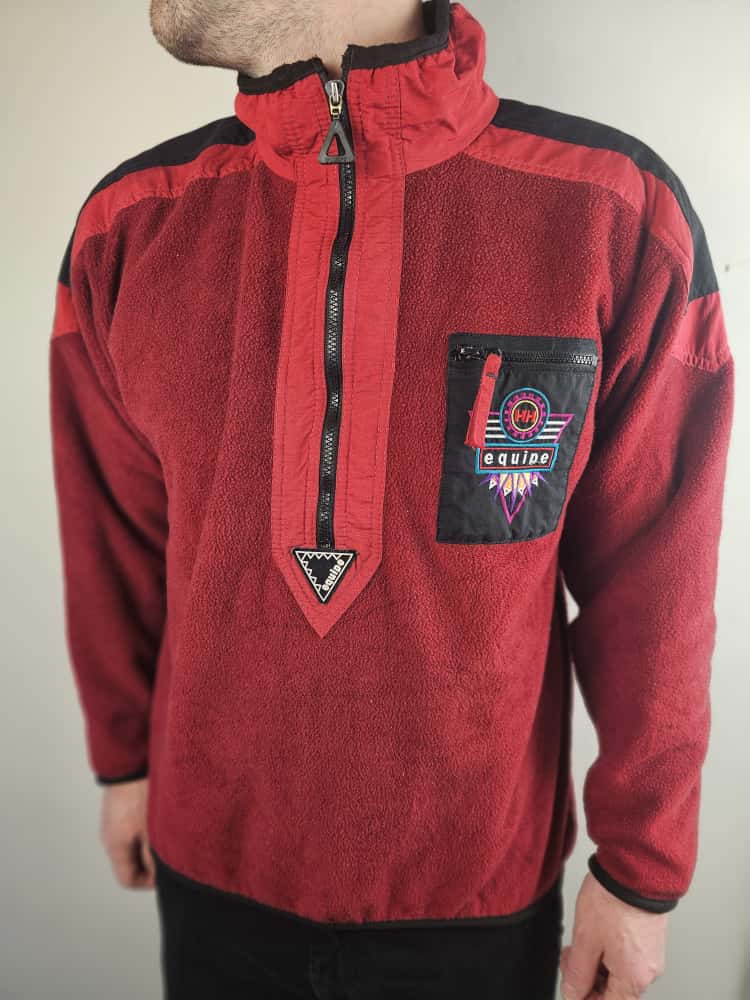 Vintage Helly Hansen Equipe 1/2 Zip Pullover Fleece Jumper - L/Large - Deep Red