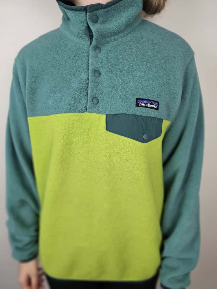 Patagonia Synchilla Snap Button Pullover Fleece Jumper - M/Medium - Aqua Green/Lime Green