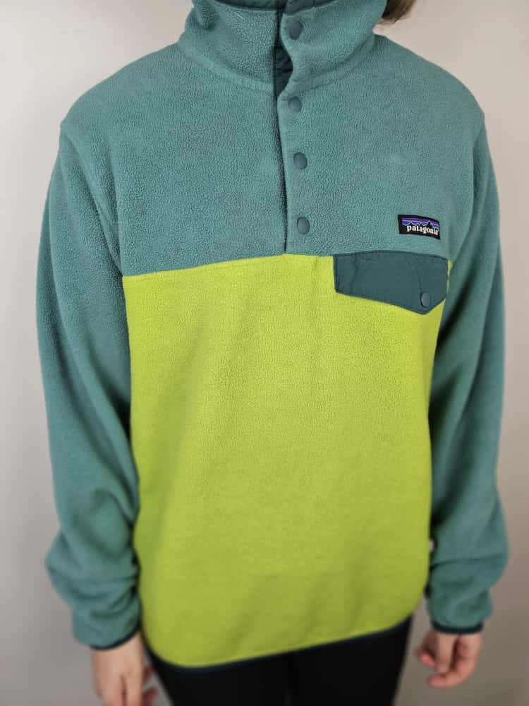 Patagonia Synchilla Snap Button Pullover Fleece Jumper - M/Medium - Aqua Green/Lime Green