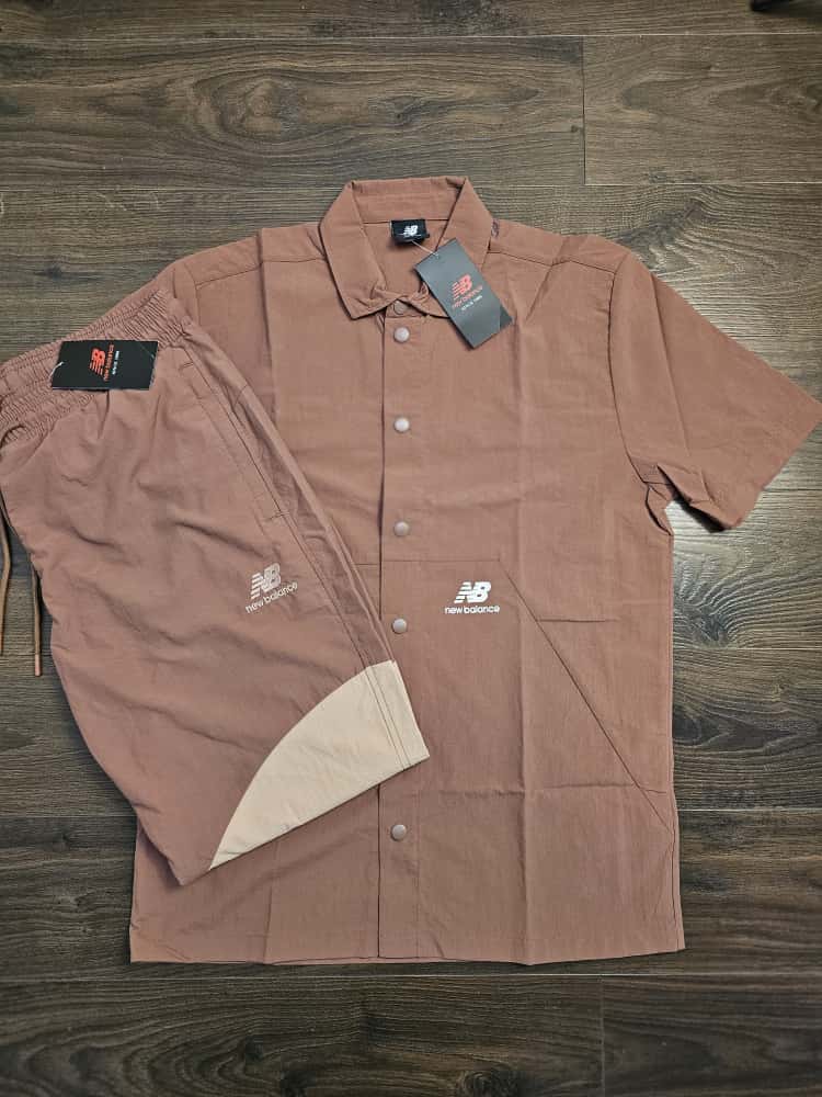 New Balance Mens Co-Ord Short Sleeve Shirt & Tracksuit Bottoms Activewear Set - M/Medium - Brown