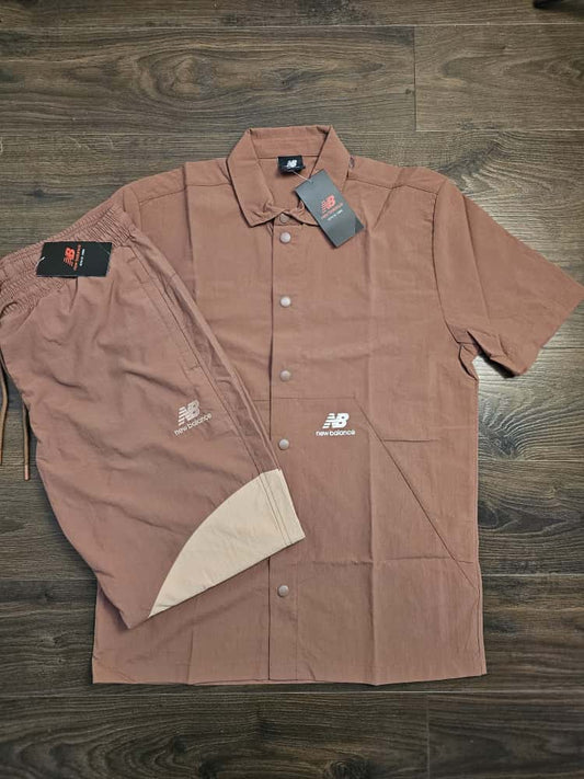 New Balance Mens Co-Ord Short Sleeve Shirt & Tracksuit Bottoms Activewear Set - M/Medium - Brown