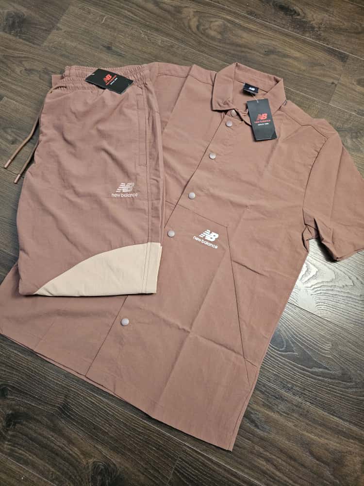 New Balance Mens Co-Ord Short Sleeve Shirt & Tracksuit Bottoms Activewear Set - M/Medium - Brown