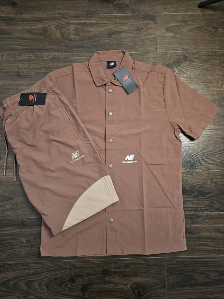New Balance Mens Co-Ord Short Sleeve Shirt & Tracksuit Bottoms Activewear Set - M/Medium - Brown