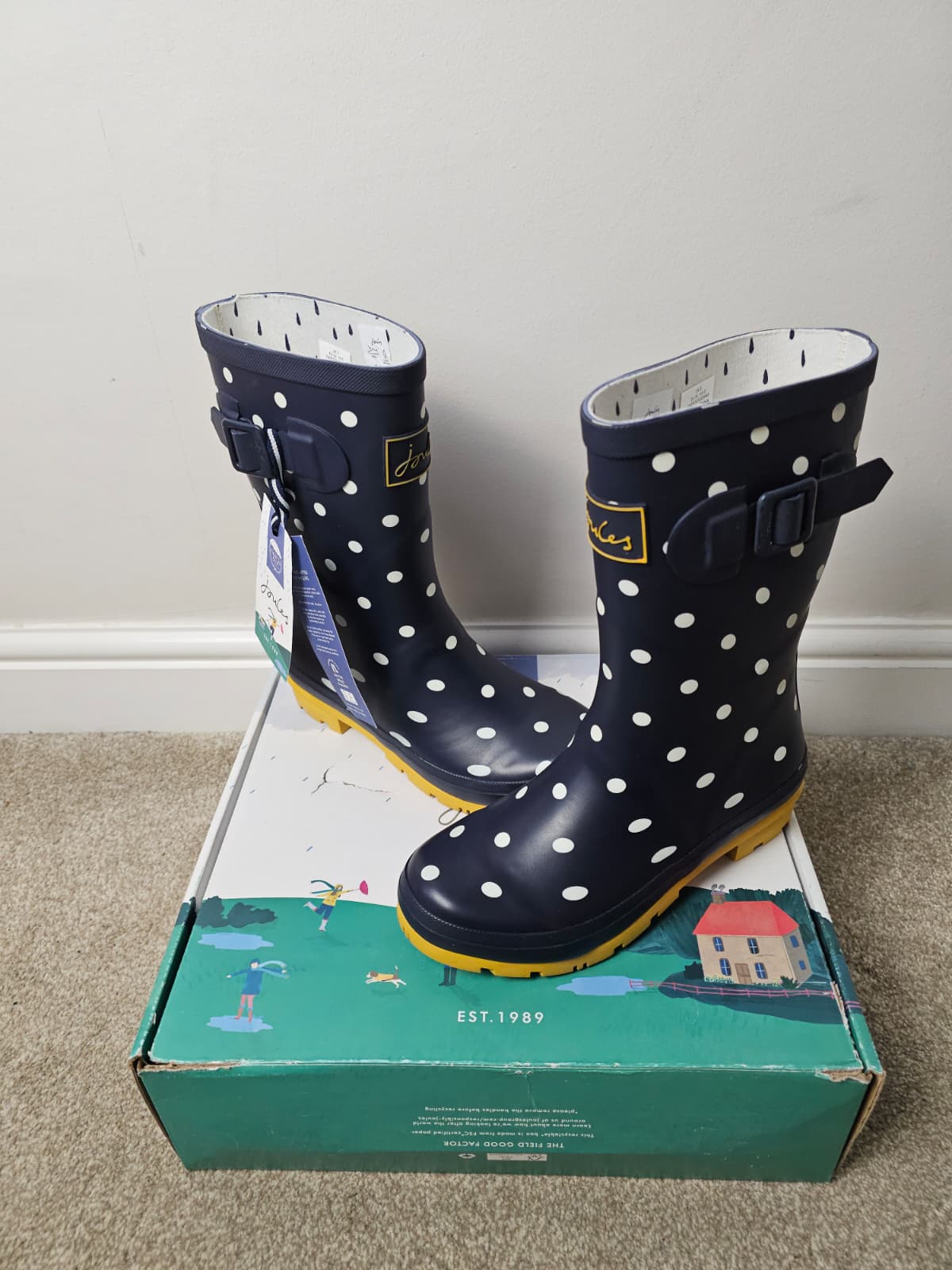 New In Box Joules Molly Welly Polka Dot Navy Wellington Boots - UK 3 / US 5 / EU 36