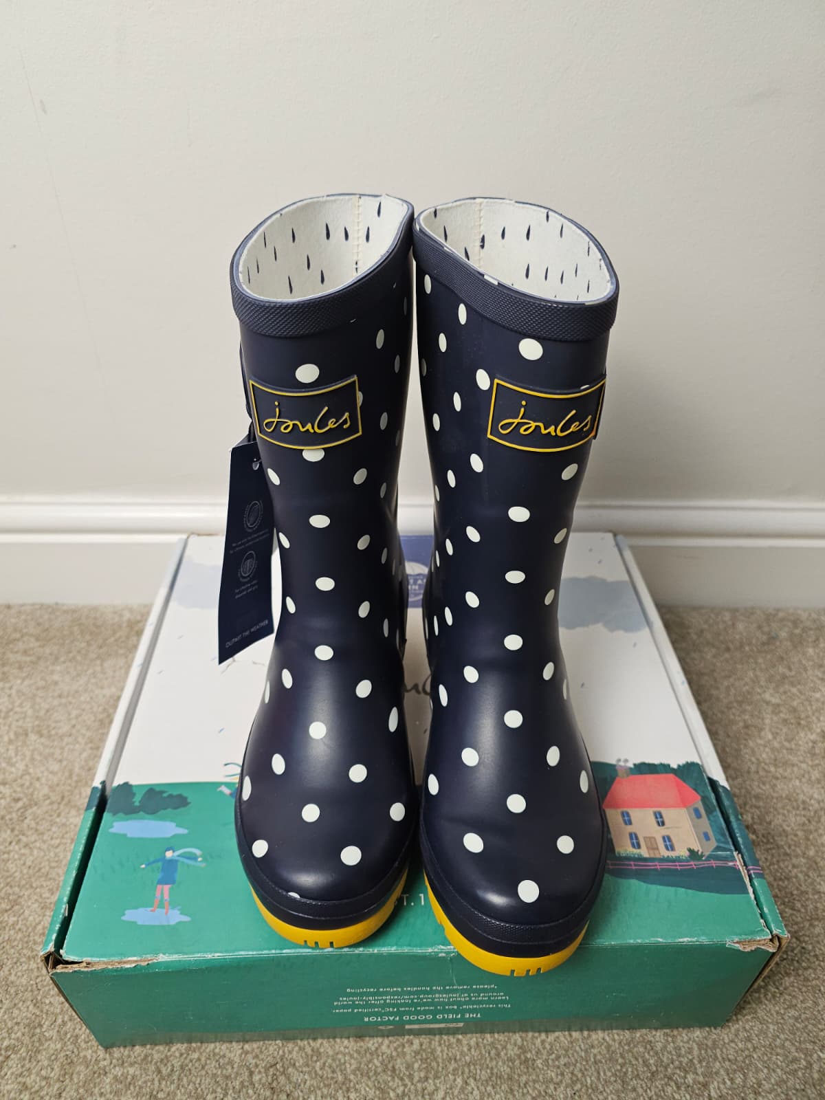 New In Box Joules Molly Welly Polka Dot Navy Wellington Boots - UK 3 / US 5 / EU 36