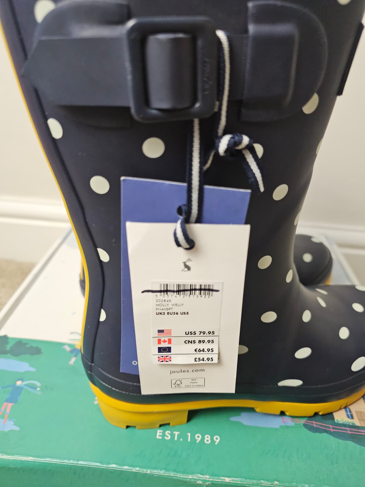 New In Box Joules Molly Welly Polka Dot Navy Wellington Boots - UK 3 / US 5 / EU 36