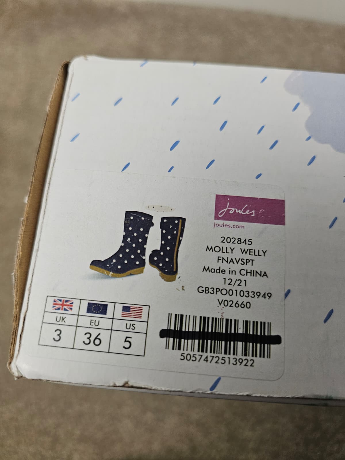New In Box Joules Molly Welly Polka Dot Navy Wellington Boots - UK 3 / US 5 / EU 36