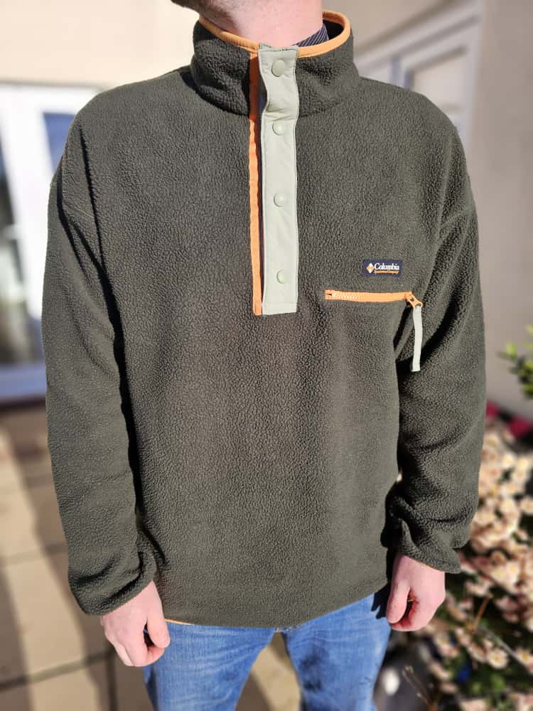 Columbia Mens Pullover Snap Button Fleece Jumper - L/Large - Dark Green